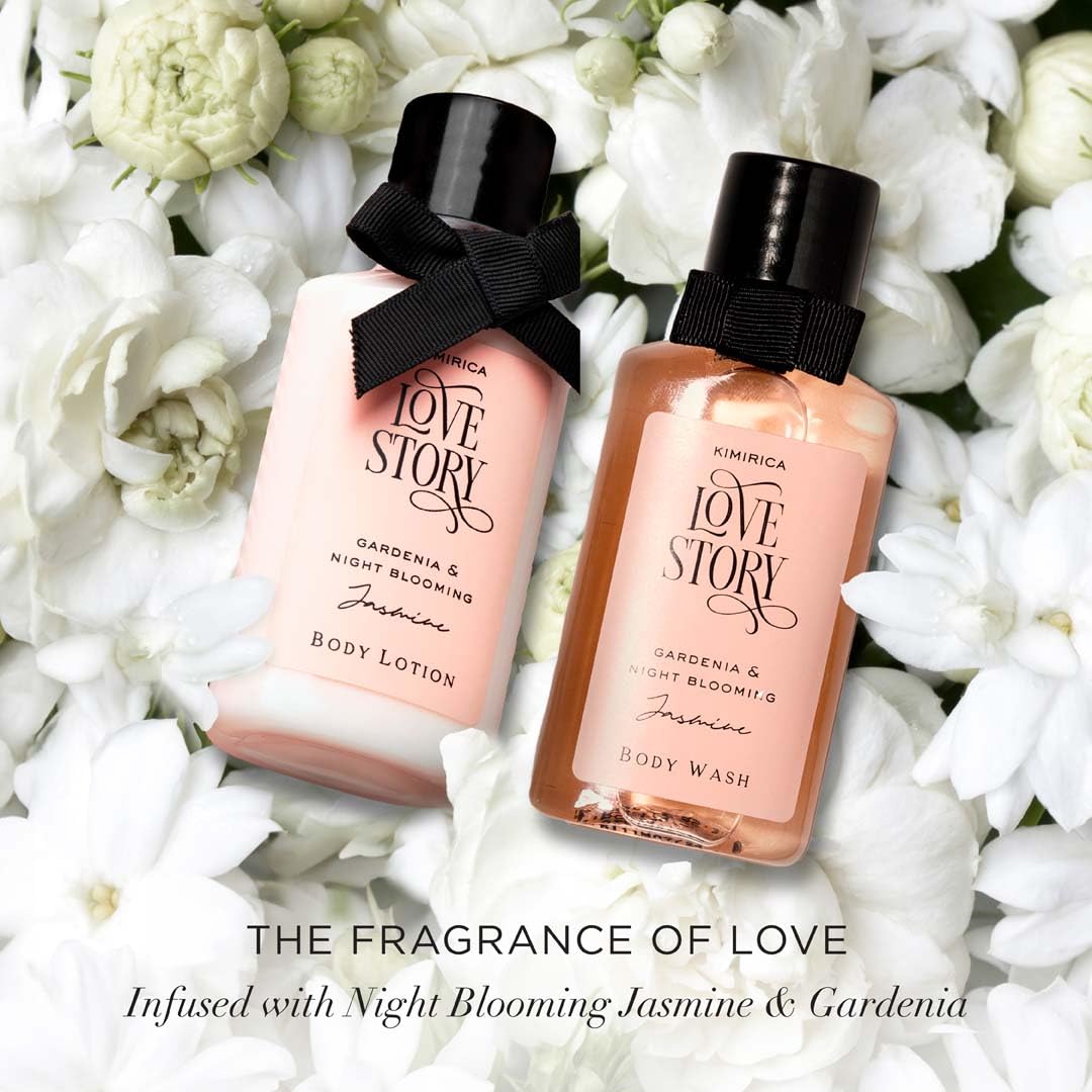 Kimirica gift set "Nothing But Love Duo" Potli | Return Gift for all Birthday & Special Occasions | Romantic notes of Gardenia and Night Blooming Jasmine Shower gel, Body lotion & Loofah Inside (Pack of 5)
