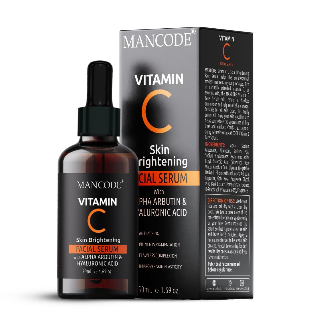 Mancode Vitamin C Serum With Hyaluronic Acid | 35% Vitamin C for Brightening Skin |Hyaluronic Acid Improves Skin Tone and Pore Minimizing |Alpha Arbutin for Improving Skin Texture Boosts Collagen 50ml