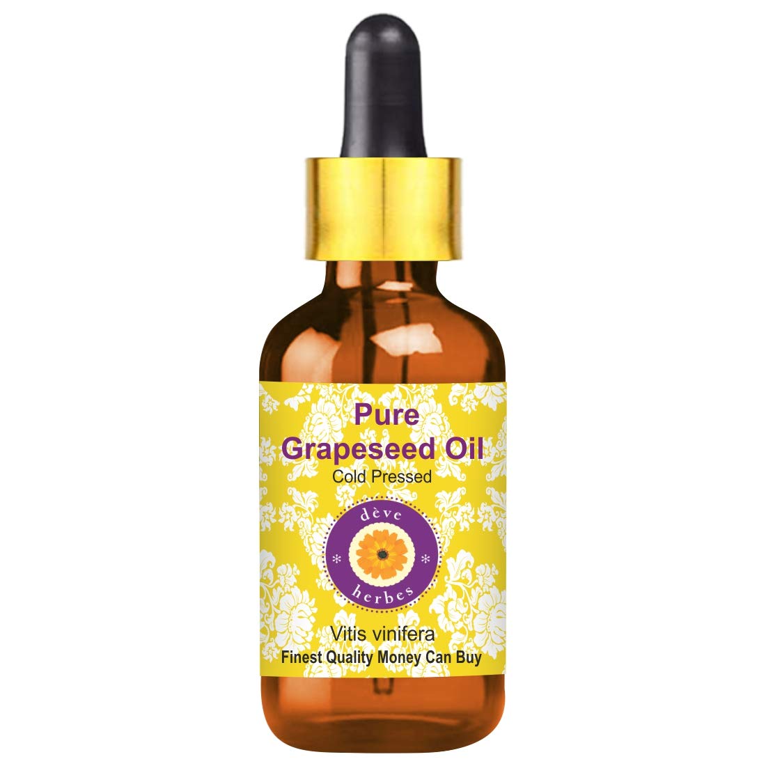 Deve Herbes Pure Grapeseed Oil (Vitis vinifera) with Glass Dropper Natural Therapeutic Grade Cold Pressed 10ml
