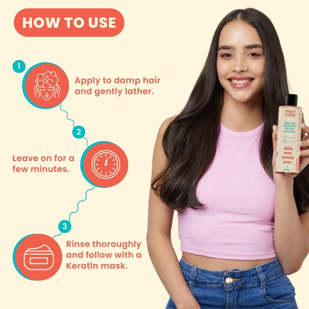 Peach & Musk Sulphate-Free Keratin Anti-Frizz Shampoo for Dry, Damaged Hair | Plant Based | Enriched with Probiotic & Collagen | Nourishing Shampoo for Smooth, Dry & Frizzy Hair | 250 ml