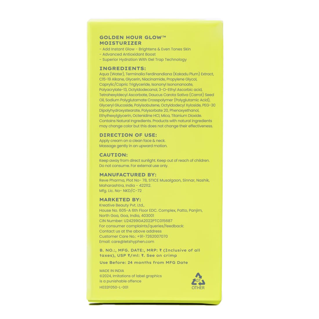 Hyphen Golden Hour Glow Face Moisturizer | Skin Brightening With Triple Vitamin C -20% Kakadu Plum, 3% Niacinamide Oil Free Cream|Oily, Dry, All Skin Types - 50Ml