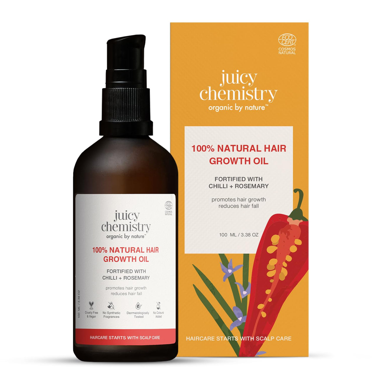 Juicy Chemistry Chilli, Horsetail & Blackseed, 100 ml | Enriched with Rosemary Oil & Kalonji Oil to Control Hair Fall | Clinically Proven with Natural DHT Blockers for Men & Women | For Healthy Hair, Scalp Nourishment & Hair Growth | Dermatologically Test