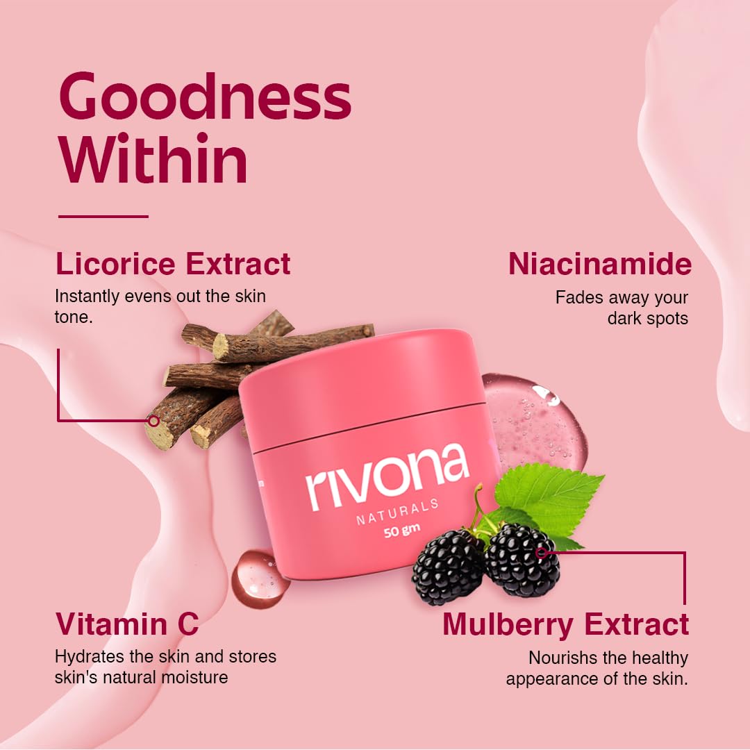 Rivona Naturals Bright Pink Face Cream | Long-Lasting Hydration | Light make up look | Vegan | Niacinamide & Mulberry Extracts| Tinted moisturiser | 50 gm (Warm Beige, 50 g (Pack of 1))