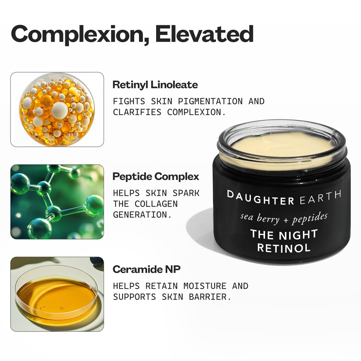 DAUGHTER EARTH Retinol Night Cream With Luxe Formula - Retinyl Linoleate, Peptides & Papain | Reduces Hyperpigmentation & Dullness | Rich Hydration For Overnight Radiant Skin - 50ml