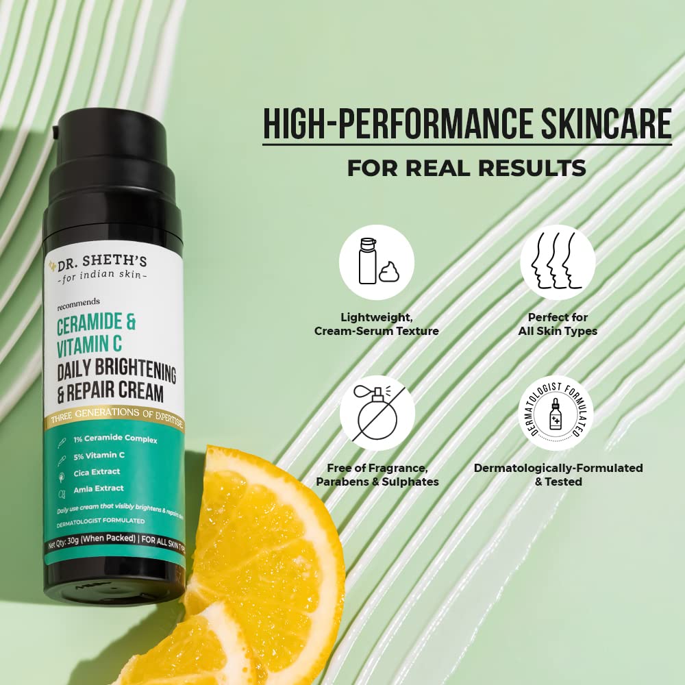 Dr. Sheth'S Ceramide Daily Brightening & Repair Cream With 1% Ceramide Complex, 5% Vitamin C, Cica & Amla | Daily Use Face Cream | Brightens & Repairs Skin | 30 G