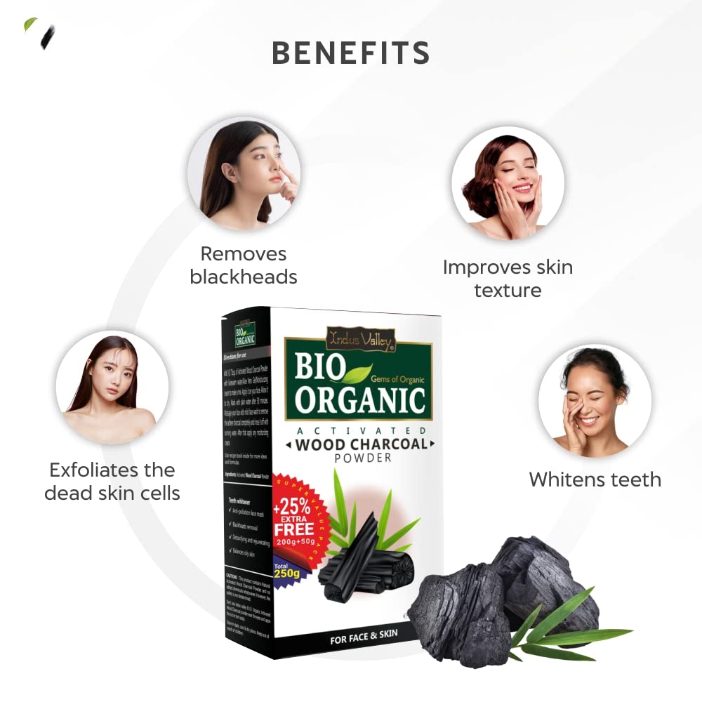INDUS VALLEY Bio Organic 100% Natural Activated Charcoal Powder Ideal for Skin Removes Dead Skin, Impurities, Detoxifies Skin - (200g+50g)