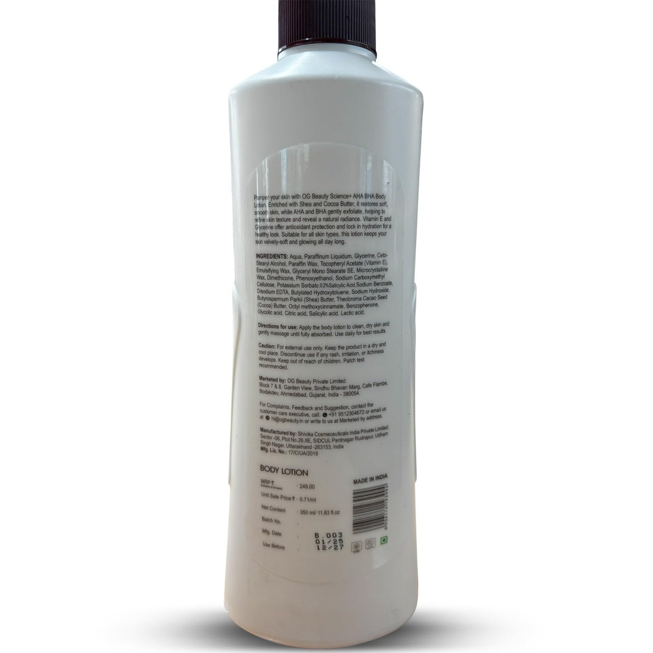 OG BEAUTY SCIENCE+ AHA BHA Body Lotion with Shea & Cocoa Butter | Lightweight, Non-Greasy Hydration | Gently Exfoliates for Smooth & Radiant Skin | Vitamin E & Glycerine for All Skin Types | 350ml