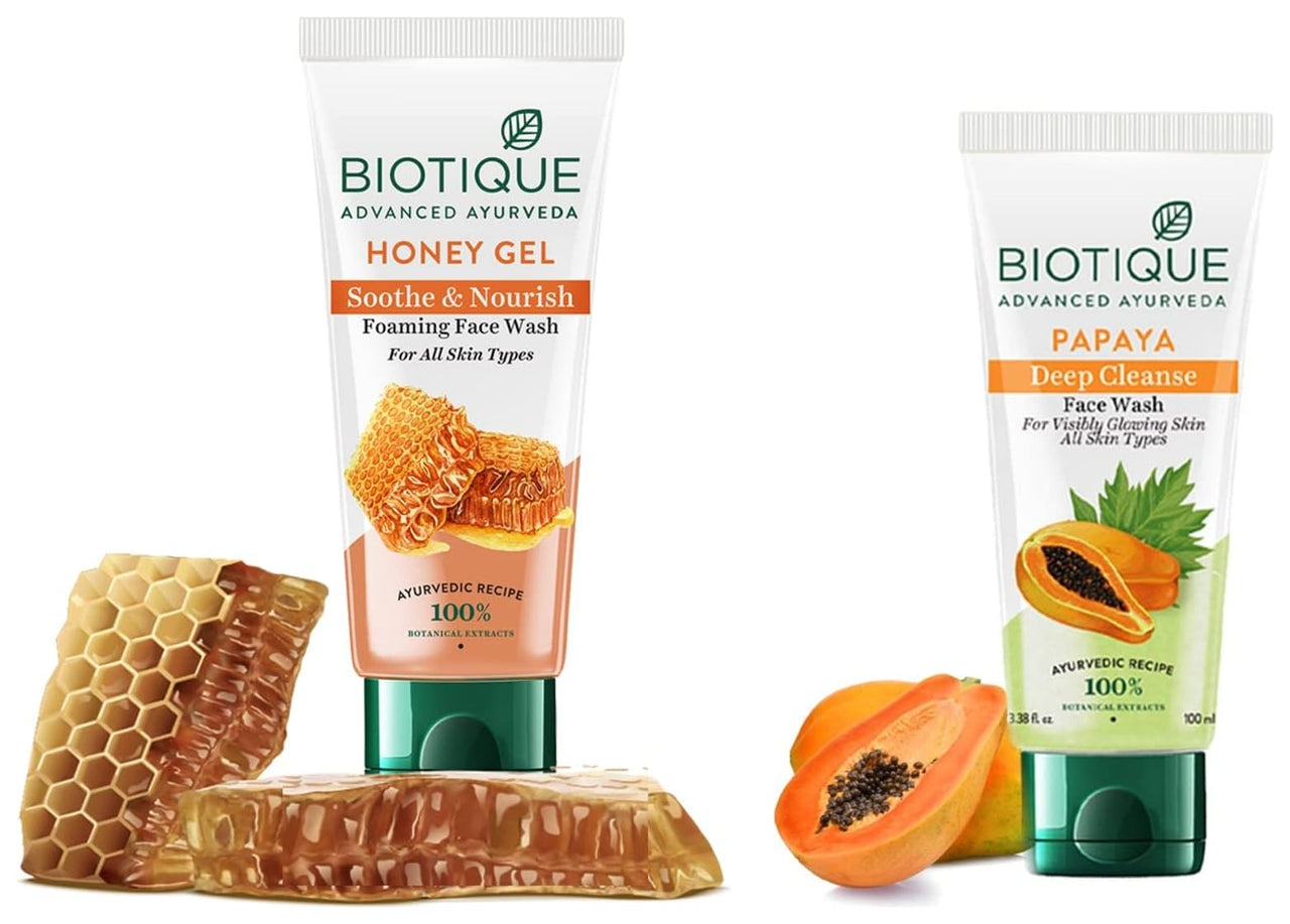 Biotique Bio Honey Gel Refreshing Foaming Face Wash for All Skin Types, 100ml and Biotique Bio Papaya Visibly Flawless Skin Face Wash (soft scrub) 100ml