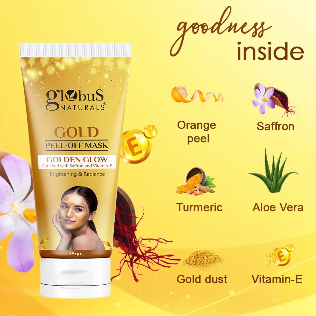 Globus Naturals Gold Peel Off Mask For Golden Glow, Enriched with Saffron & Vitamin-E, Brightening & Radiance, Suitable For All Skin Types, 75 g (Pack of 5)