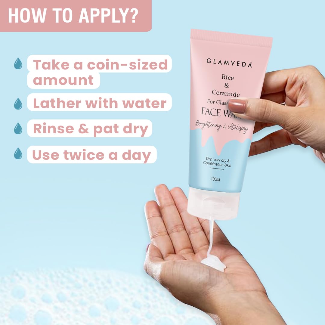 Glamveda Rice & Ceramide Korean Glass Glow Face Wash | For Dry, Sensitive & Combination skin types | Improves skin barrier | No Paraben, SLS | 100ml