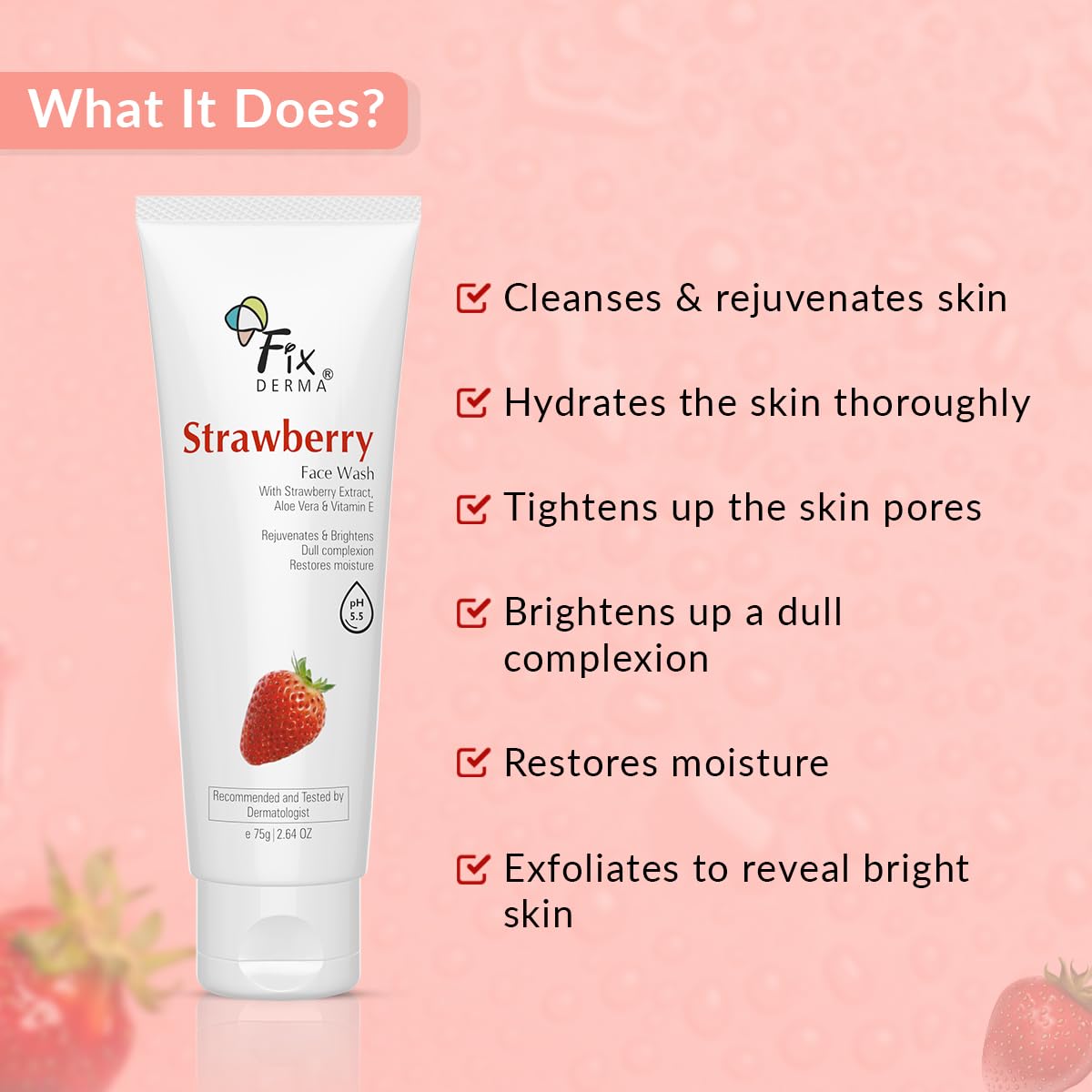 Fixderma Strawberry Face Wash with Vitamin E & Strawberry Extract | Face Wash & Face Cleanser | Face Wash for Oily Skin (All Type Skin) | Face Wash for Women & Men - 75g