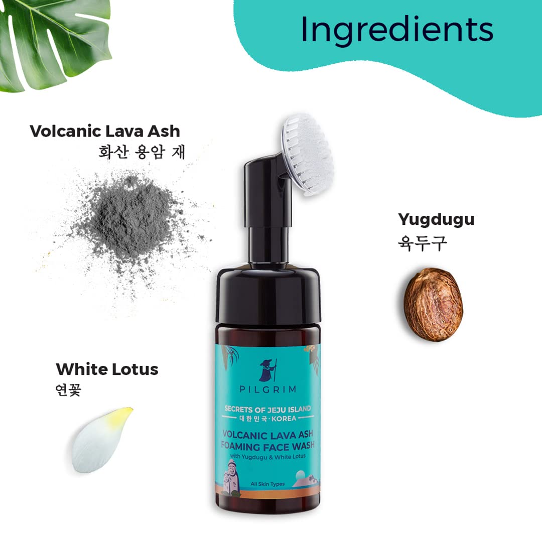 Pilgrim Korean Volcanic Lava Ash Foaming Face Wash with Built In Brush for Deep Cleansing | Korean Skin Care Products | 100% Safe on All Skin Types | For Men & Women | SLS & Paraben Free | 120 ml