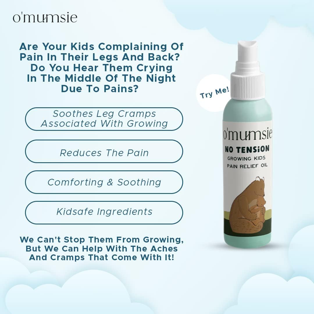o'mumsie No Tension Baby Pain Relief Massage Oil For 0-7 Years Old | Baby Massage Oil with Mint Crystals, Turmeric Root Extract and Black Pepper For Leg & Body Pains - 50 ml