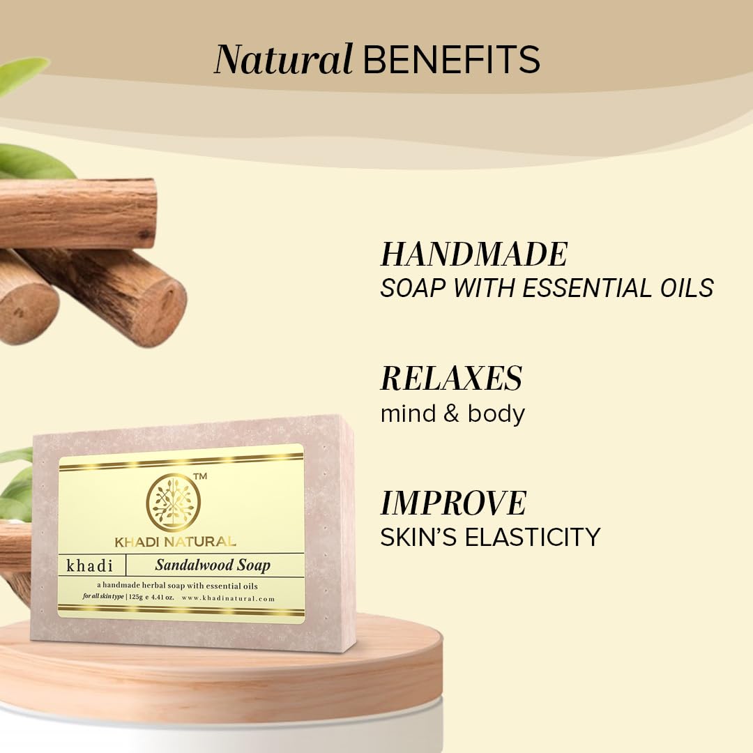 Khadi Natural Sandalwood Soap | Herbal Bathing Soap for Calming Skin| Natural Soap with Essential Oils | Soap for Healthy Skin | Suitable for All Skin Types, Pack of 3 | (125gm *3) (375gm)