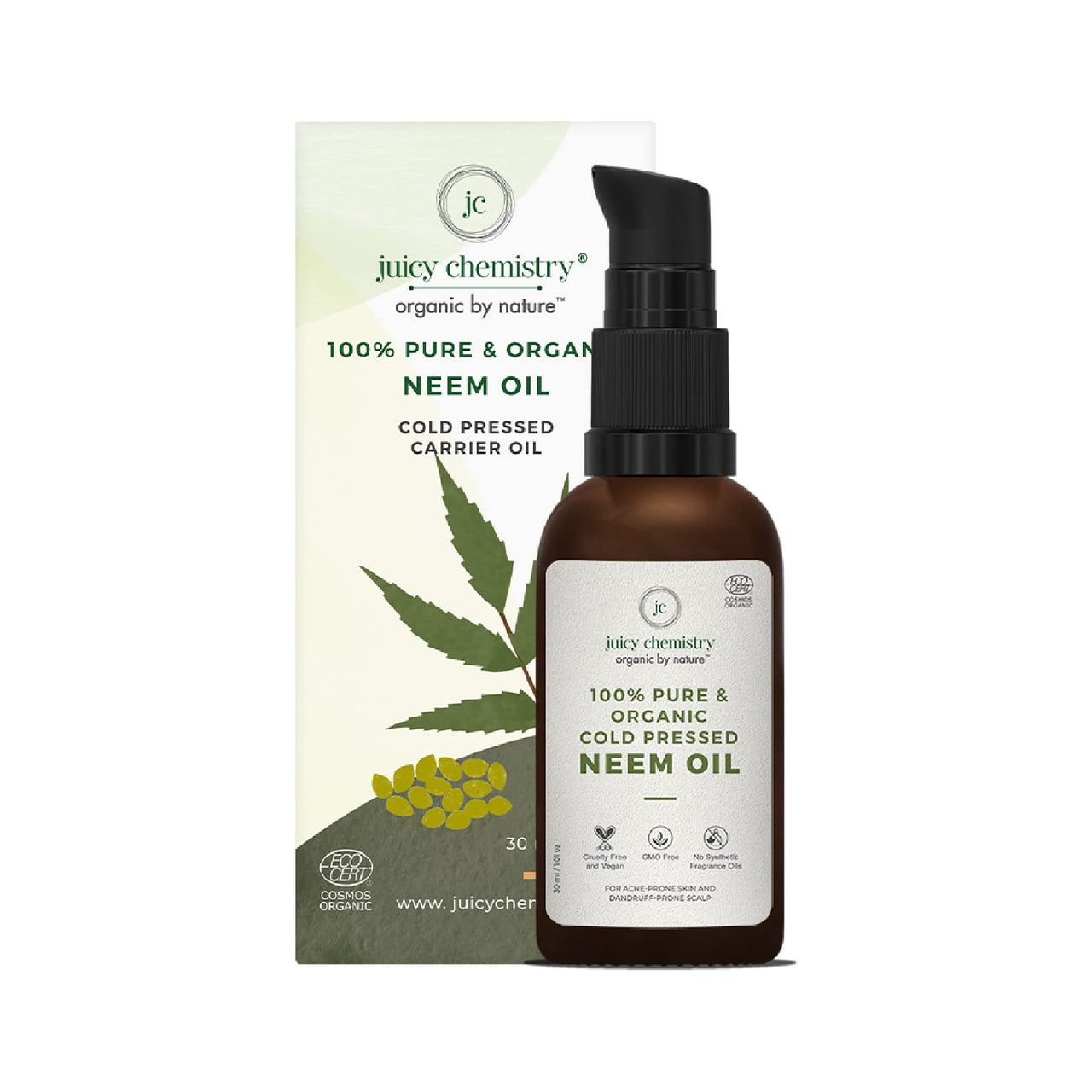 Juicy Chemistry Neem Oil, 30 ml | Pure, Cold-pressed & Organic Carrier Neem Oil for Dandruff, Irritated & Itchy Scalp | Ecocert Certified Organic for Men & Women | Cruelty-free & 100% Vegan