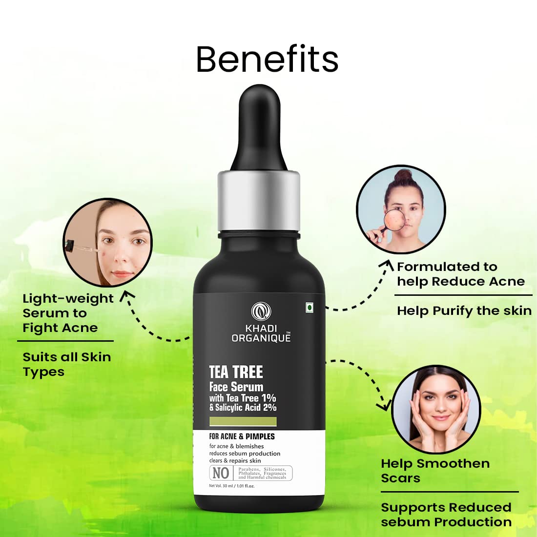 Khadi Organique Tea Tree Face Serum with Tea Tree 1% + Salicylic Acid 2% For Acne & Blemishes Skin, 30ML