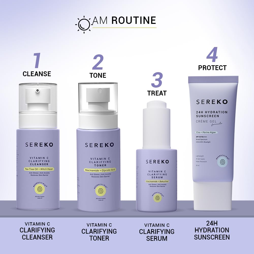 Sereko Vitamin C Brightening Face Cleanser, Toner, Serum with Sunscreen SPF 50++++ for Women & Men (AM Routine Essentials)
