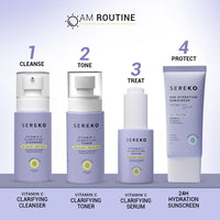 Sereko Vitamin C Brightening Face Cleanser, Toner, Serum with Sunscreen SPF 50++++ for Women & Men (AM Routine Essentials)