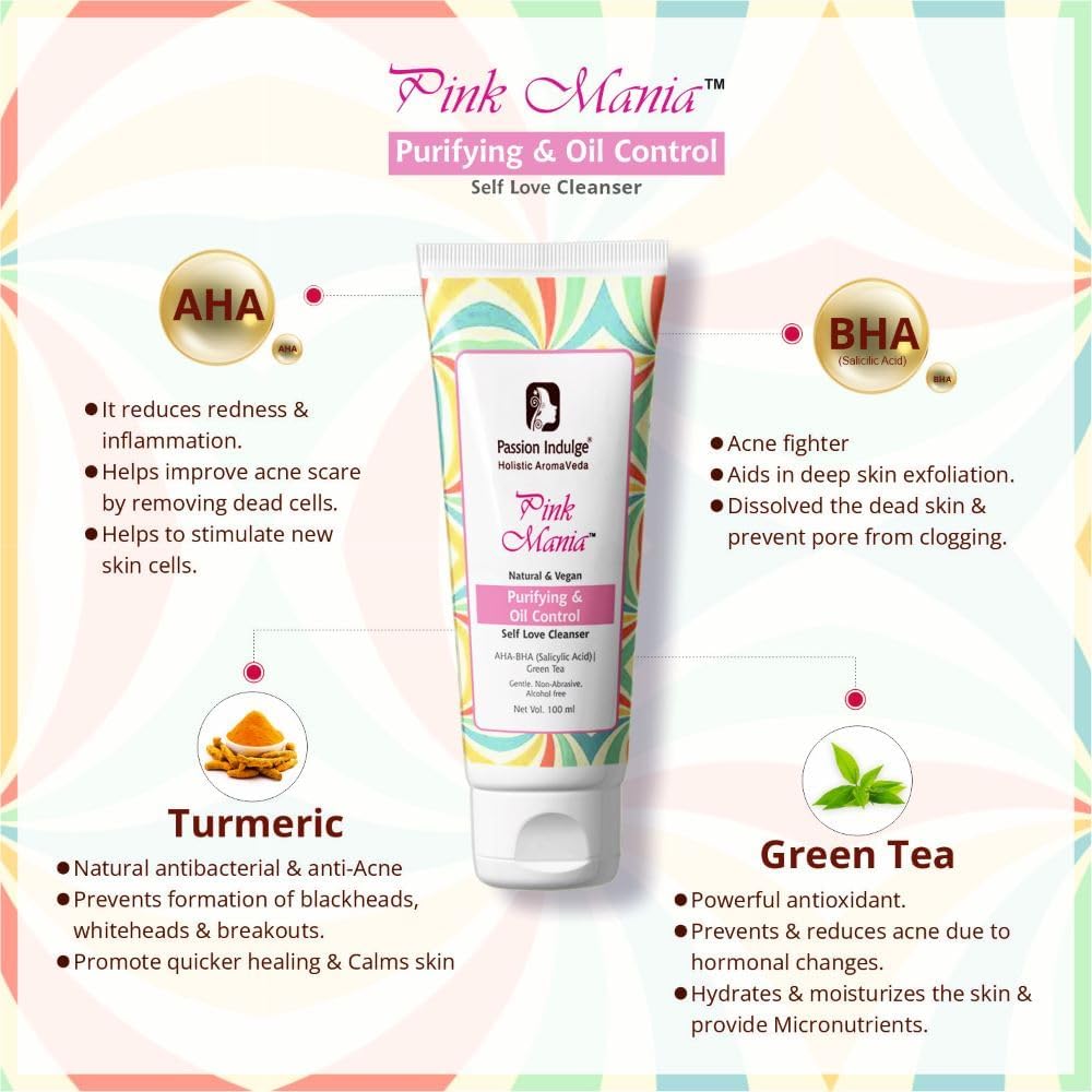 Passion Indulge Pink Mania Face Cleanser & Anti-Dandruff & Hair Fall Control Shampoo | Purifying & Oil Controlling with AHA BHA, Turmeric & Green Tea