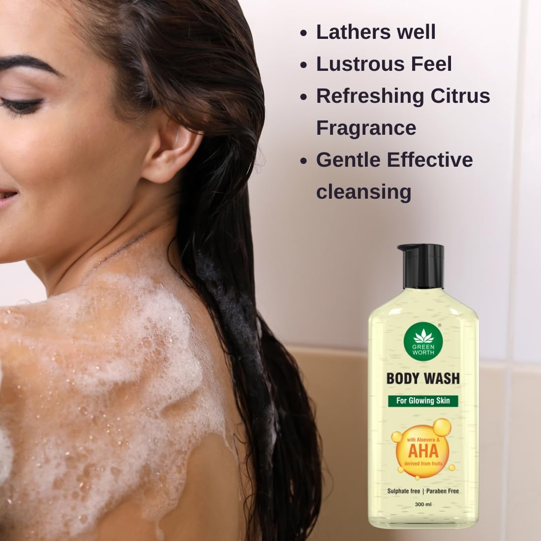 GREENWORTH Body wash for glowing skin with AHA and Aloevera | Hydrating and Gentle Exfoliating Body Wash for Brighter, Softer and Smoother Skin| Sulphate & Paraben Free | 300 ml