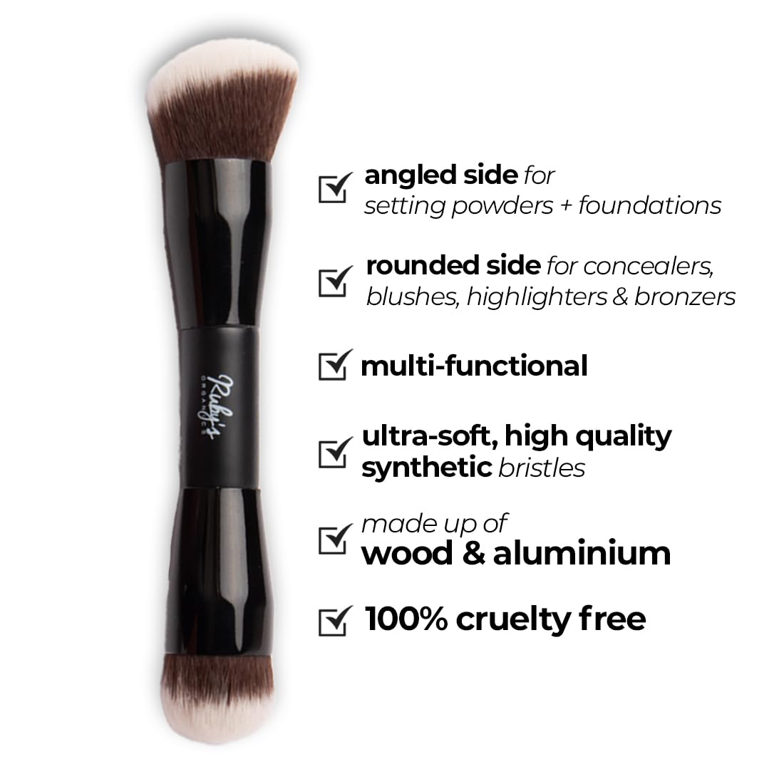 Ruby's Organics Dual Ended Makeup Brush for Face Makeup - Multipurpose brush for Foundation, Concealer, Blush and Compact for flawless finish, Blending and Powder Brush, Cruelty-free, Large Coverage Makeup Tool