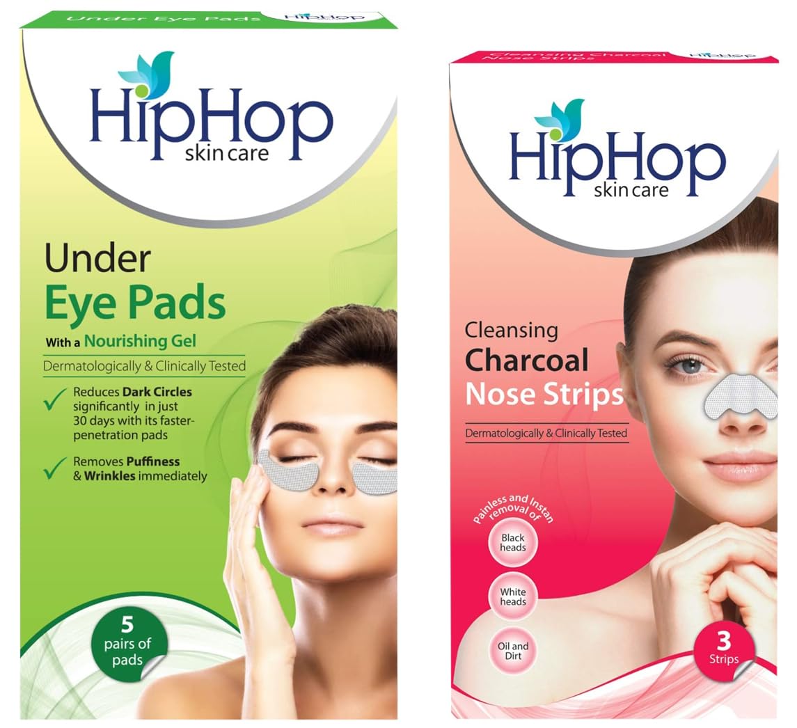 HipHop skin care Under Eye Pads With Nourishing Gel- 5 Pads & Cleansing Charcoal Nose Strips For Women (3 Strips)