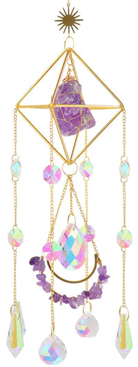 Amethyst Crystal Suncatcher - Hanging Gold Plated Garden Sun Catcher for Windows, Healing Amethyst Crystal Decor for Home, Gift for Christmas Birthday Valentine Mothers Day