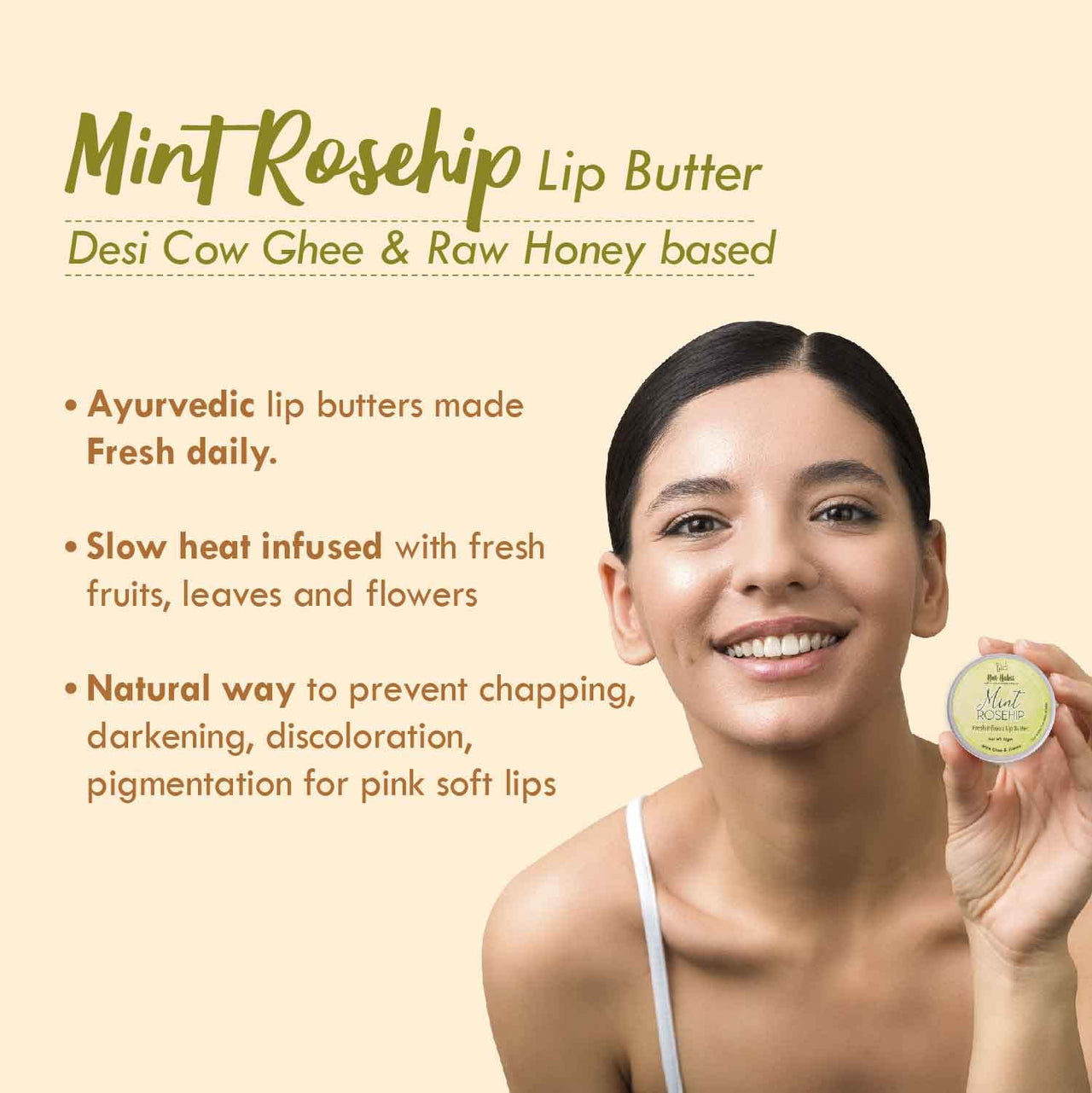 Nat Habit Mint Rosehip Lip Balm Fresh Infused Lip Butter With Desi Ghee & Raw Honey For Lip Pigmentation, Lightening, Lip Repair, Dark And Chapped Lips - 10gm (Pack of 2)