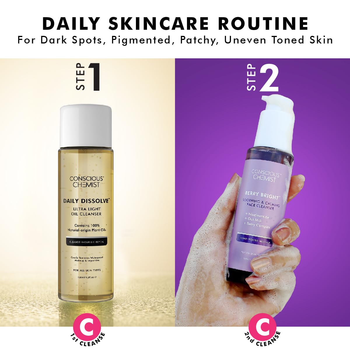 Conscious Chemist® Brightening Double Cleansing Kit | 230ml | Oil Cleanser for Face, Niacinamide Face Wash, Pore Refining Cleanser for Women & Men with Natural Oils, All Skin Types (Pack of 2)