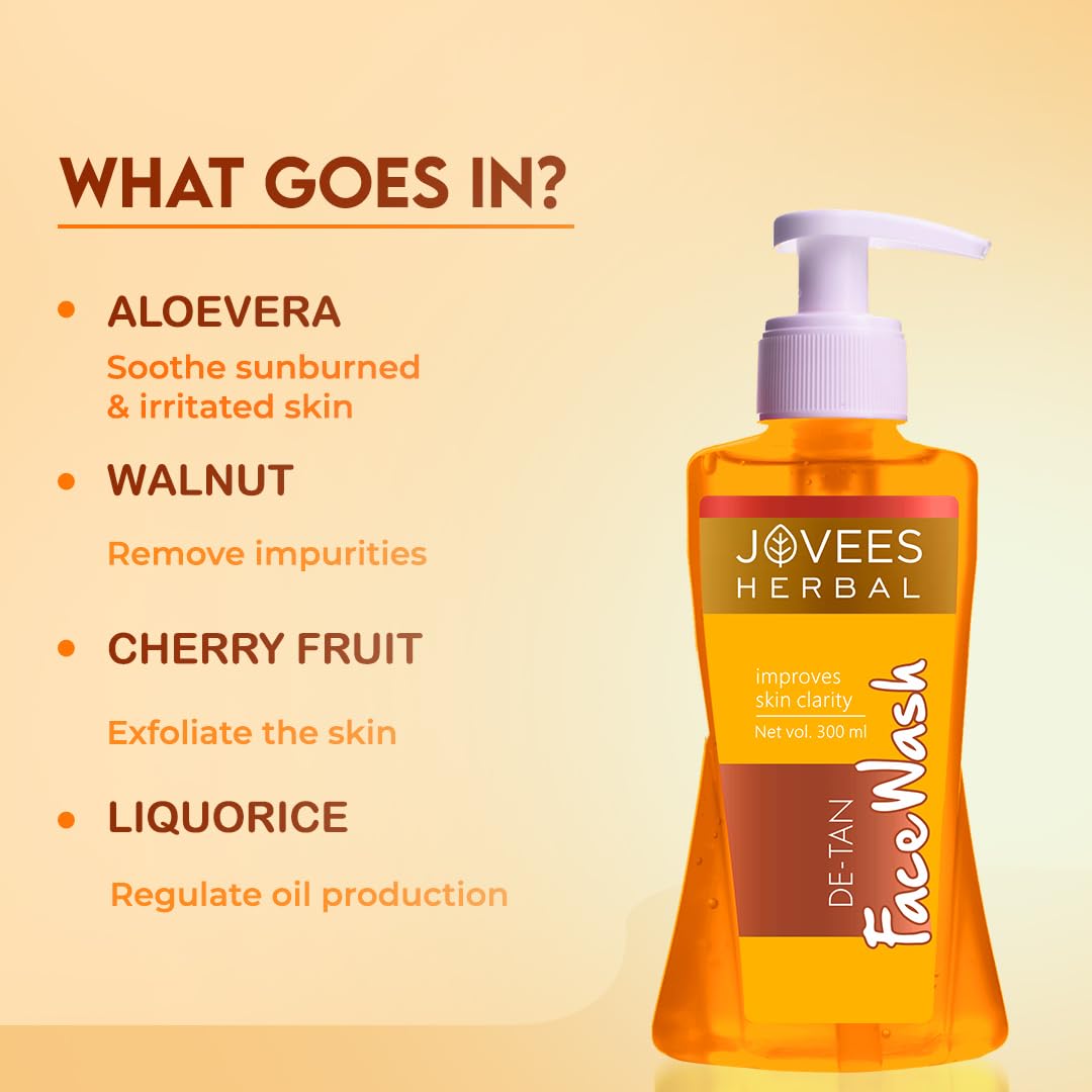 Jovees Herbal Detan Facewash For Glowing and Clear Skin With Liquorice & bearberry Ext. | Gentle Cleanser For Brighten, Even Tone and Hydrates Skin | Suitable for All Skin Types - 300ml