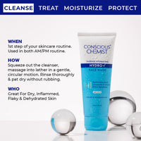 Conscious Chemist® Gentle Face Wash for Dry Skin | 100ml | Hydrating Cleanser for Face with Hyaluronic Acid, Ceramides and Ginseng Extract, Treats Dull and Dehydrated Skin for Women & Men - Hydro+