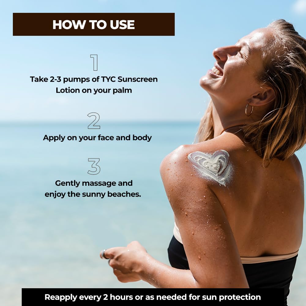 TYC - TRUST YOUR CHOICE Sunscreen Spf 60++++ Face And Body Lotion, With Coconut Oil And Niacinamide, No White Cast And Sand Proof, Hydrating Ayurvedic And Natural, For All Skin Types (200 Ml)