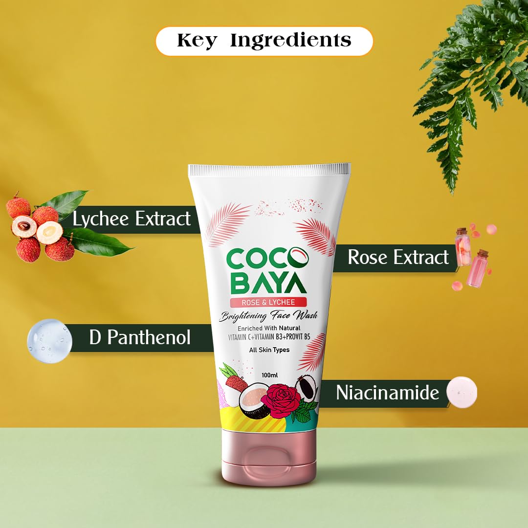 Coco Baya Brightening Face Wash, Enriched with Rose, Lychee Extracts, Vitamin C, Vitamin B3 & ProVit B5, Suitable For All Skin Types,100 Ml