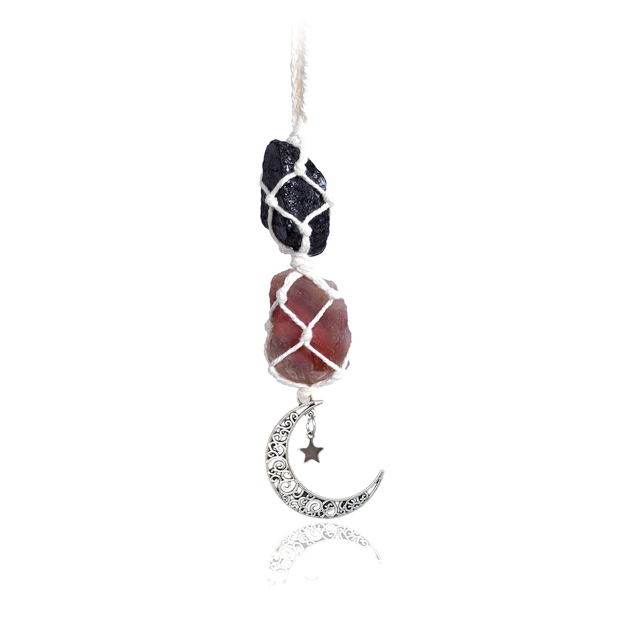 BOHO GARDEN Hanging Car Charm - Black Tourmaline & Carnelian - Dangling Moon, Healing Crystal Accessories, Rearview Mirror Decorations - Grounding, Confidence, Protection, Transformation, Joy, Energy Tourmaline-carnelian