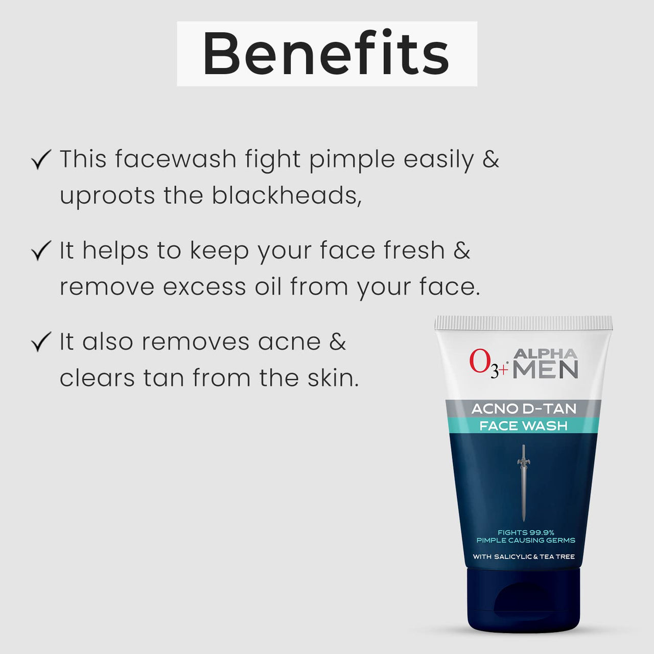 O3+ ALPHA MEN Acno D-TAN Face Wash with Tea Tree 100g for Oily Skin | Detan Face Wash for TAN Removal | Removes Acne and Dirt