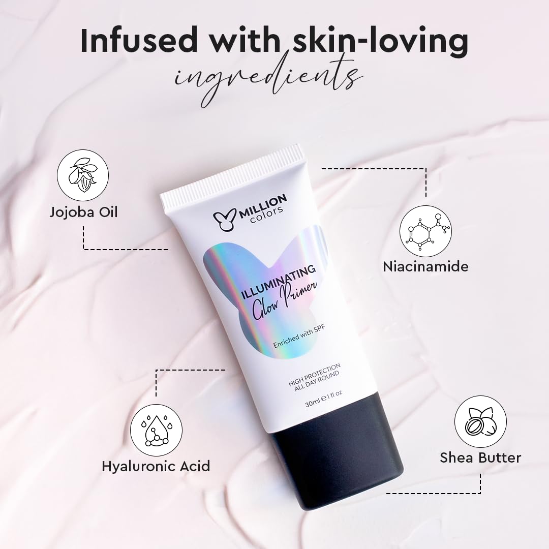 Million Colors Illuminating Strobe Cream for Face | Rose Gold Strobe Cream + Primer + Face Highlighter | Hydrating Makeup Base with SPF | Infused With Hyaluronic Acid, Niacinamide, Jojoba Oil & Shea Butter for Radiant Skin 30Ml