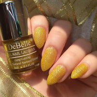 DeBelle Gel Nail Polish Pegasus (Lime Yellow with Gold Glitter Sugar Finish Nail Paint)|Non UV - Gel Finish |Chip Resistant | Seaweed Enriched Formula| Long Lasting|Cruelty and Toxic Free| 8ml