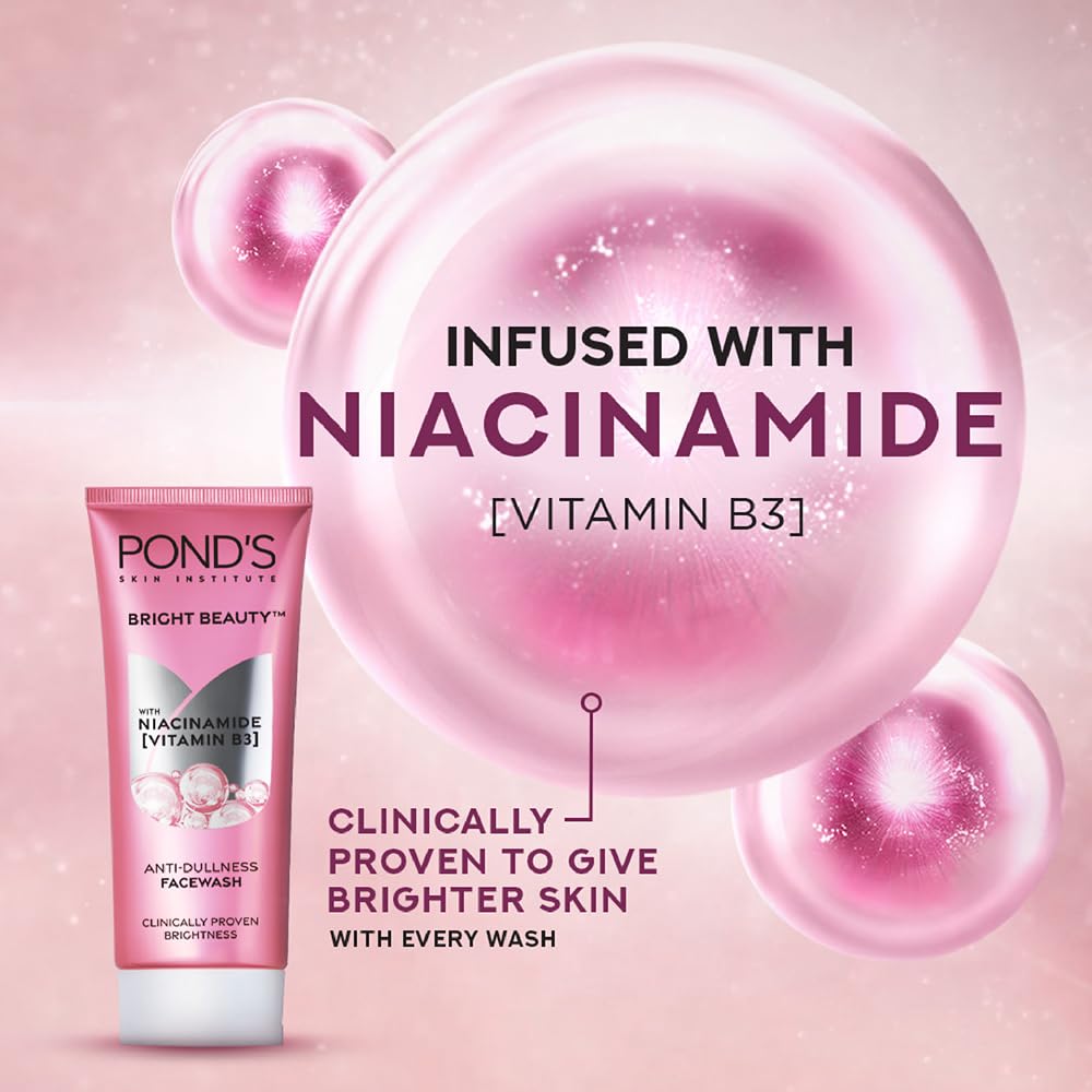 POND'S Bright Beauty Anti-Dullness & Brightening Facewash With Niacinamide | For Glass-Skin Like Shine And With 4X Visibly Brighter Skin, 150Gm