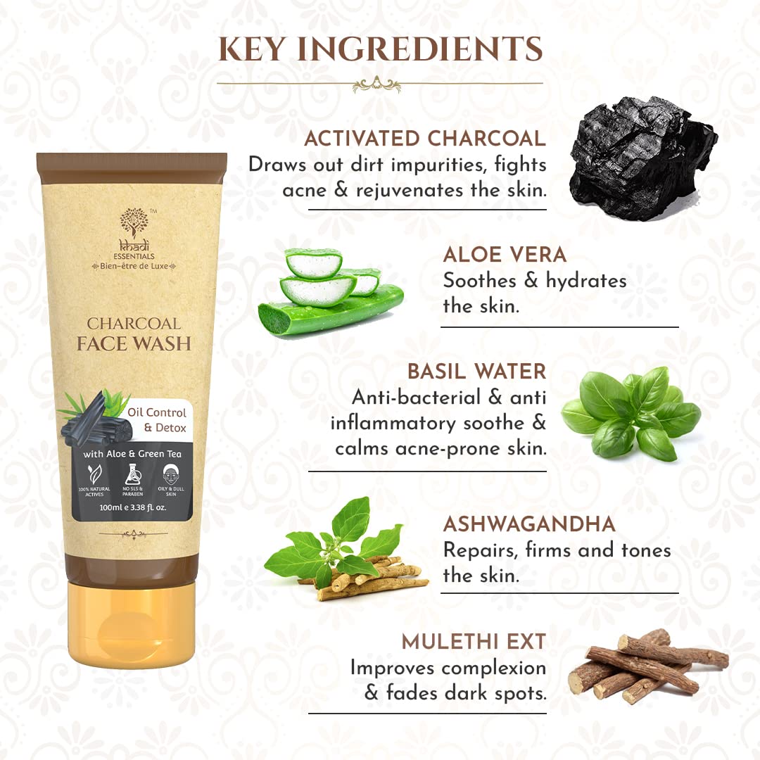 Khadi Essentials Vitamin C Face Wash with Activated Charcoal, Lemongrass, Multani Mitti & Olive Oil For De Tan, Detox & Blackheads Removal, 200ml SLS Paraben Free
