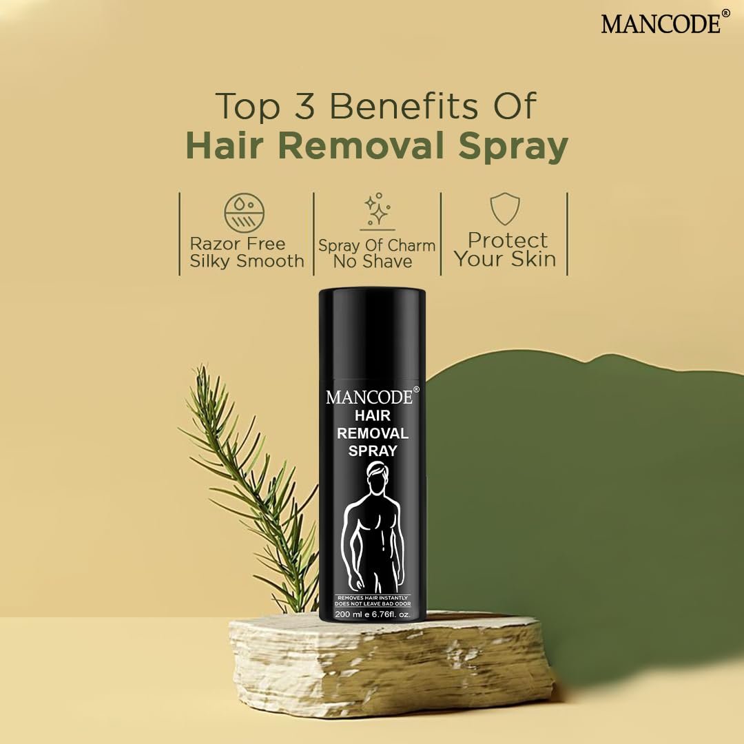 Mancode Hair Removal Cream Spray for Men, Hair removal spray for men, Painless Body Hair Removal for Back, Chest, Legs, Arms, Underarms & Intimate Areas, Fast Acting in 3-6 Minutes (200 ml)