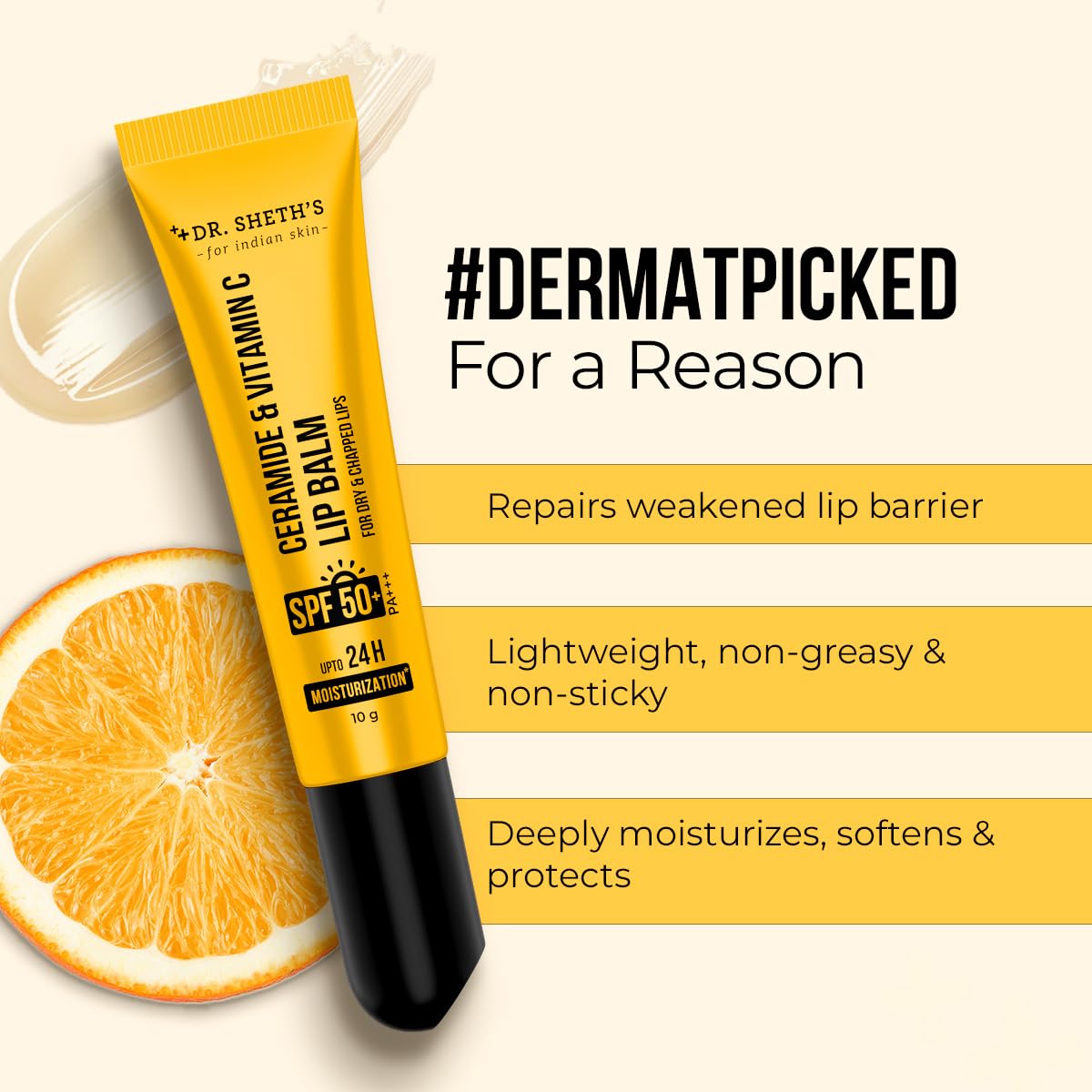 Dr. Sheth's Ceramide & Vitamin C Lip Balm | Heals Dry & Chapped Lips 24H Moisturization| Sun Protection with SPF 50+ PA+++| Barrier Repair |Non Sticky | Non greasy|Lightweight| All Genders| 10g