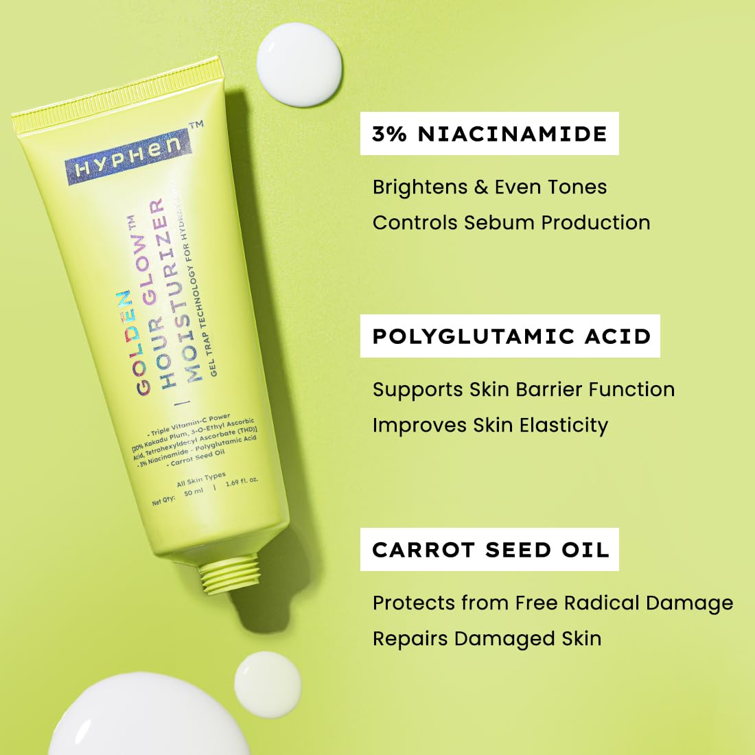 Hyphen Golden Hour Glow Face Moisturizer | Skin Brightening With Triple Vitamin C -20% Kakadu Plum, 3% Niacinamide Oil Free Cream|Oily, Dry, All Skin Types - 50Ml
