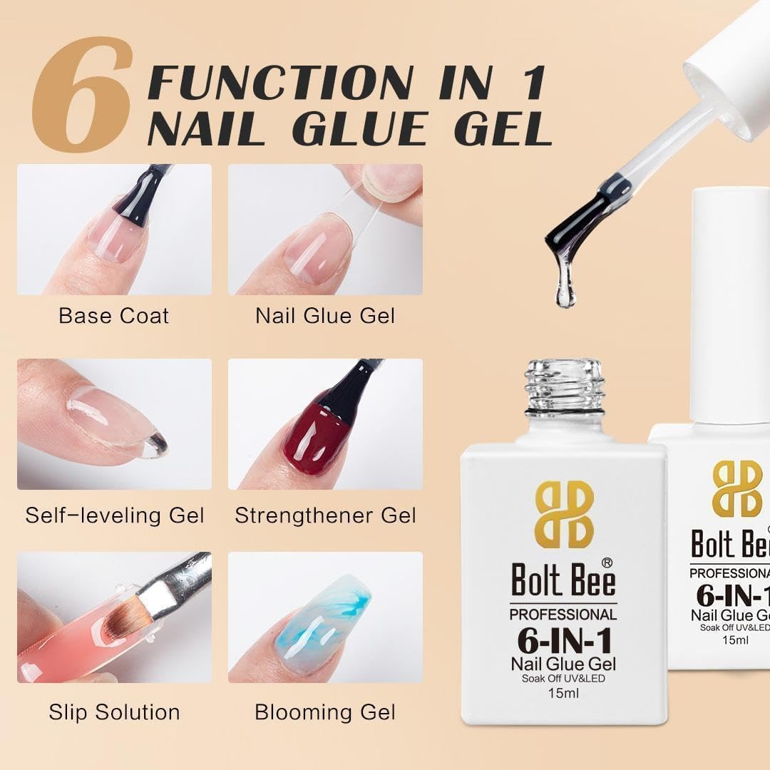Bolt Bee 6-in-1 Glue 15ml – Base Coat, Nail Glue, Strengthener, Self-Leveling Gel, Slip Solution & Blooming Gel – Soak Off UV/LED Multi-Functional for Nail Art & Extensions