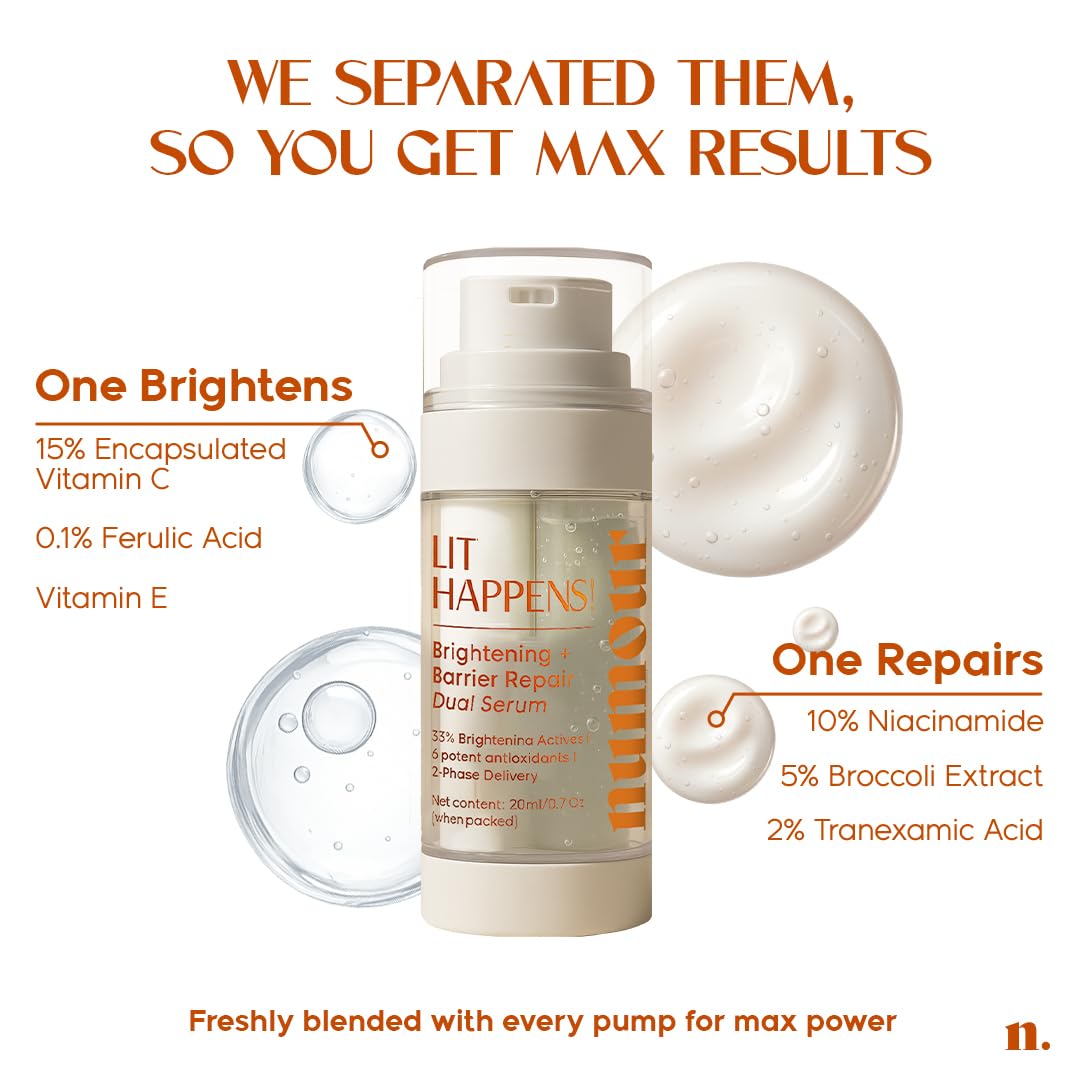 Numour Lit Happens Dual Brightening Serum 20ml| 33% Actives 15% Vitamin C+10% Niacinamide+ 2% TXA |Fades Dark Spots & Brightens|Dermat Tested, Sensitive Skin Safe| Face Serum For Men & Women