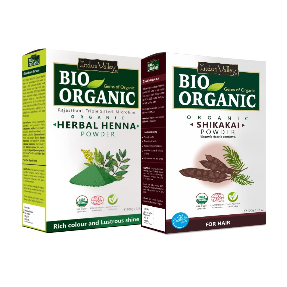 INDUS VALLEY Shikakai Powder | Acacia concinna With Herbal Henna Powder- 100% Organic, Natural and Pure For Hair and Skin Care (100g + 100g=200g)