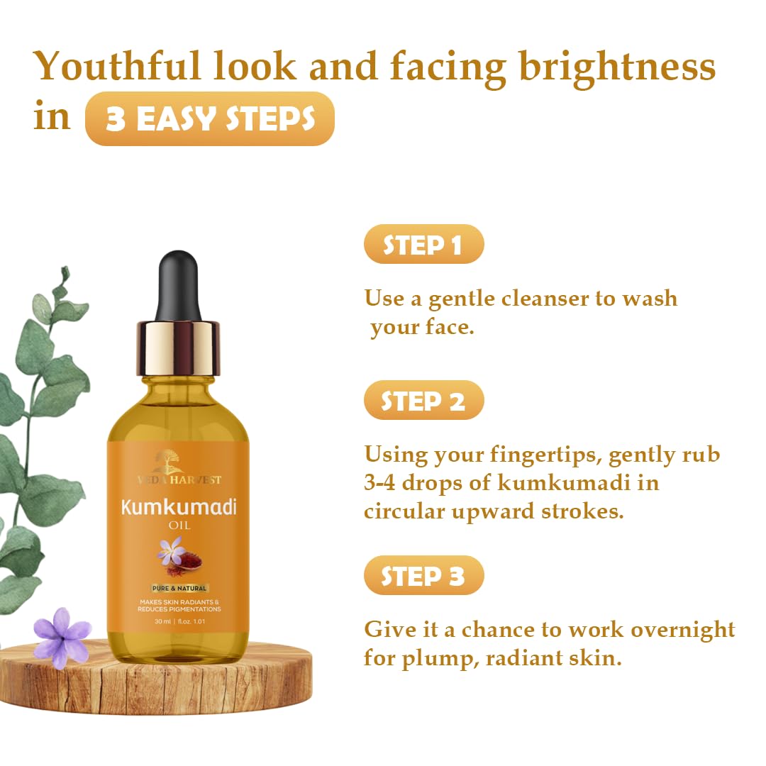 Veda Harvest Kumkumadi oil/Kumkumadi tailam for glowing skin|Brighten Skin|Acne and Pimples|For Dark spots,Wrinkles and Pigmentation| Brightening Oil|All Skin Types & No Side Effects| 30ml