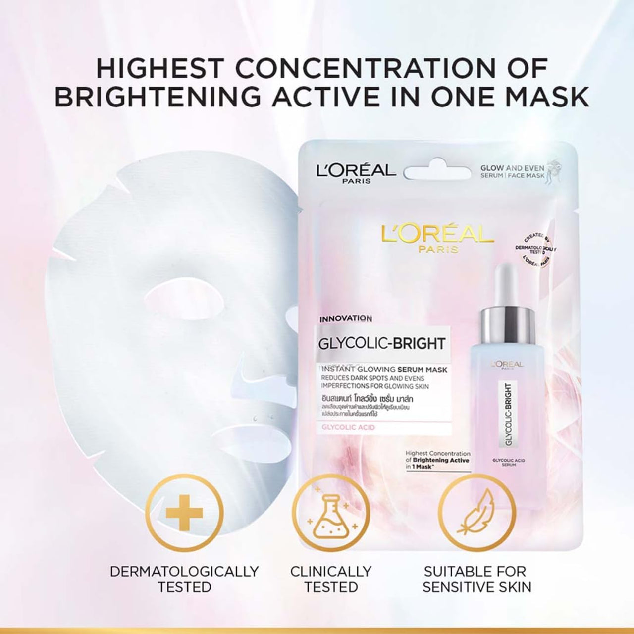 L'Oreal Paris Glycolic Bright Glowing Serum Sheet Mask, Face Mask for Glowing Skin, 22 g (pack of 5)