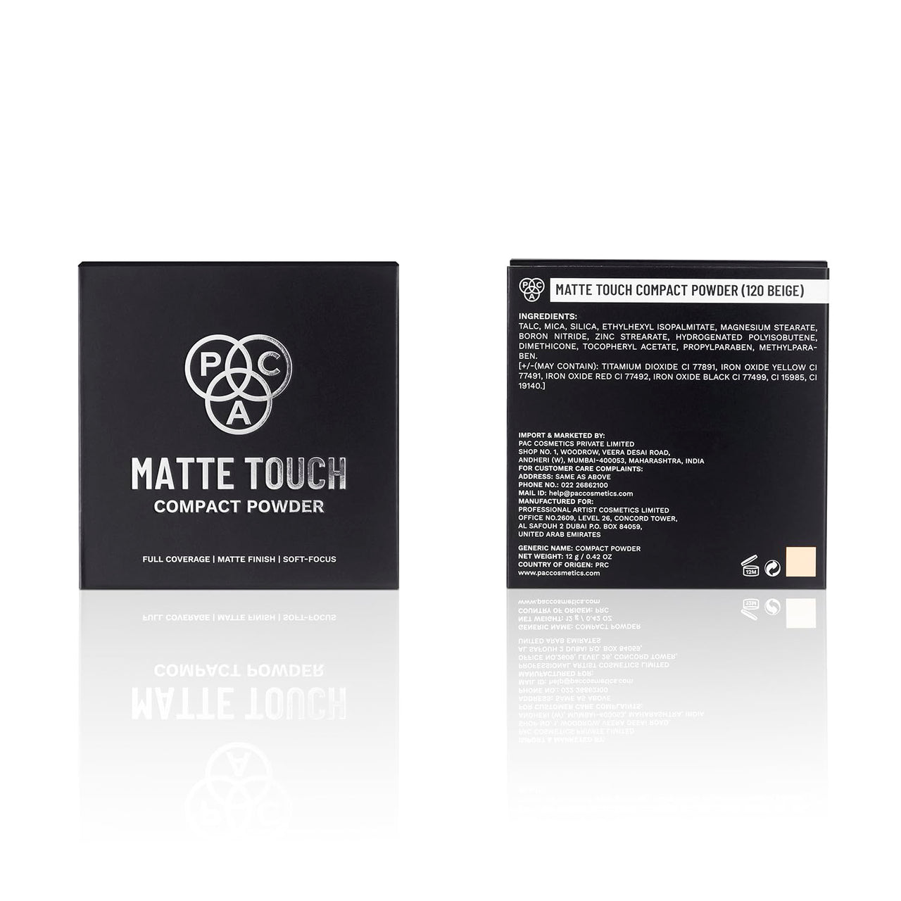 PAC Matte Touch Compact Powder (120 Beige) | Lightweight Medium to High Buildable Coverage | Longlasting Soft Matte Finish | Meltproof & Sweat Resistant | Suitable for all Skin Types