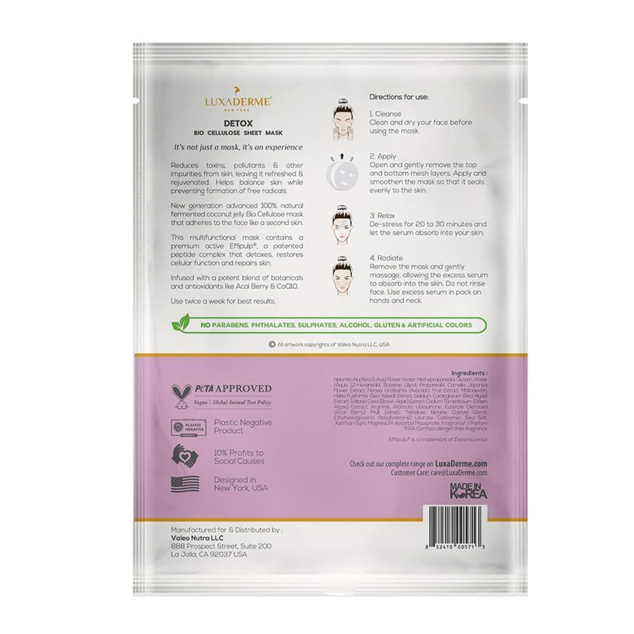 LuxaDerme Detox Bio Cellulose Sheet Mask | Detoxifies & Firms Skin | Anti-Pollution | All skin types | 100% Fermented Coconut Jelly (Pack of 1)