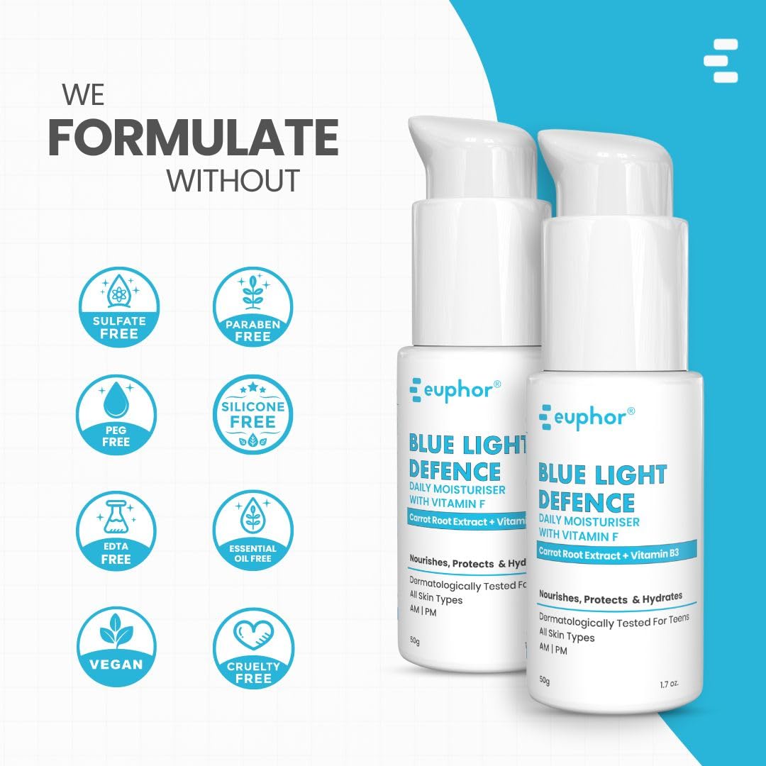 Euphor Teens | Daily Light-weight Moisturizer- Blue Light Defence | Protects, Nourishes and Hydrates | Niacinamide, Vitamin F, Carrot Root Extract | All Skin Types | PEG-free, No Parabens and Sulphates | 50g | For Women and Men